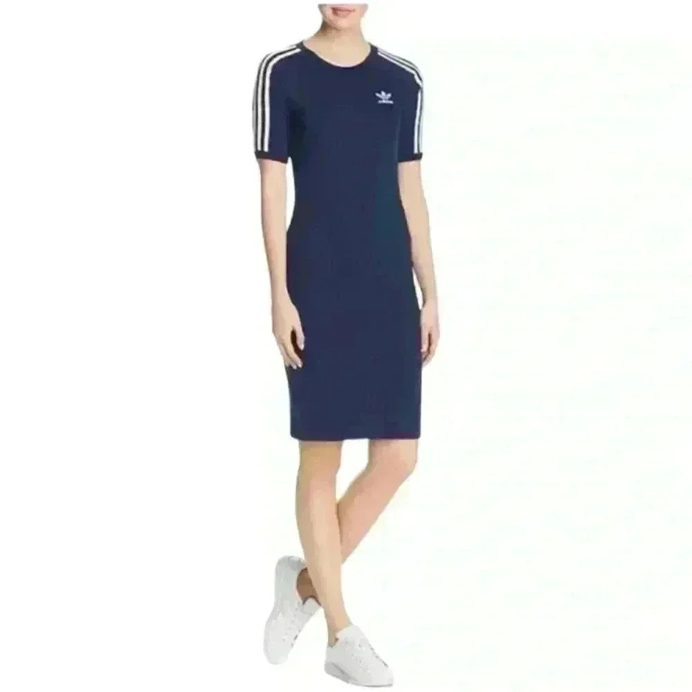 Adidas Originals 3 Stripe Bodycon Stretch Tee Shirt Dress Navy Size Small